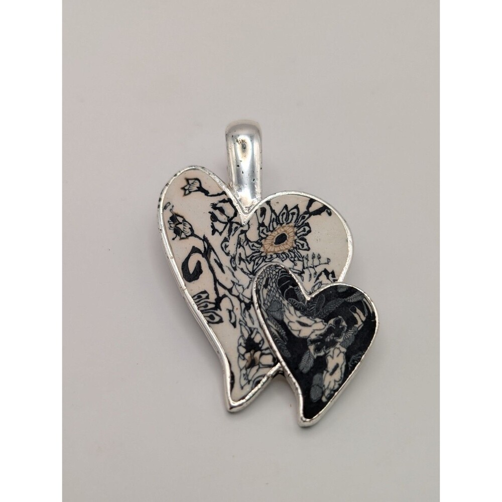 Viva Beads Double Heart Pendant Silver Tone Black White Floral Clay Inlay Charm